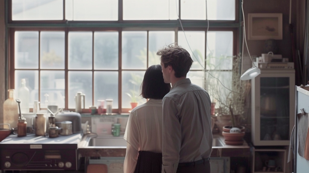 Man and woman looking out a window.