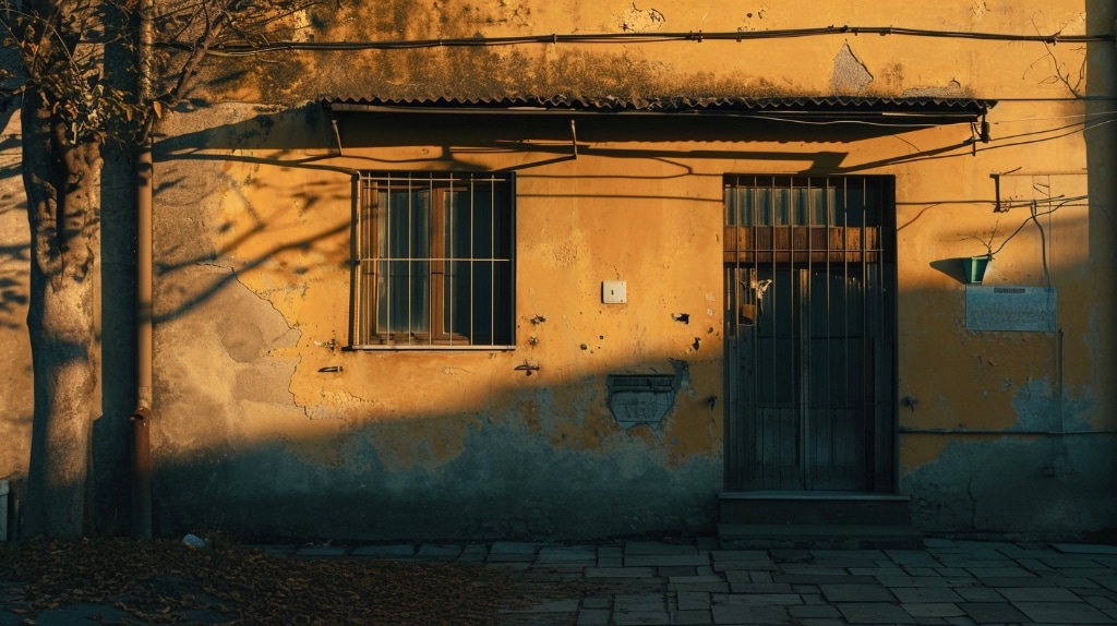 sunset colours on a building with grated windows and door