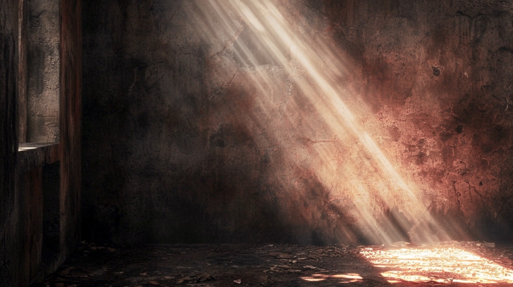 AI artwork: light shining down on the floor in a dark room