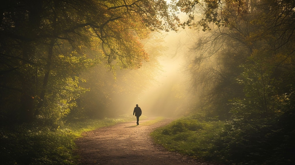 AI artwork: man walking through forest with sunlight shining behind him