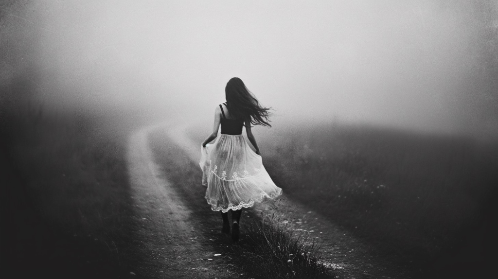 AI artwork: B&W image, woman running down a dirt track.