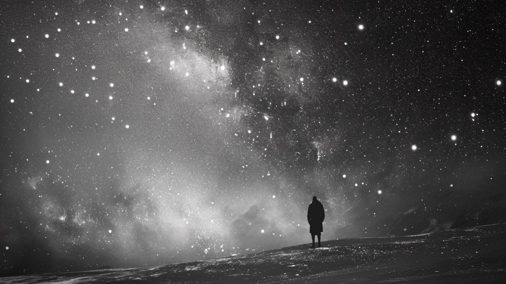 AI network: B&W image. Man standing on hill at night looking at the stars