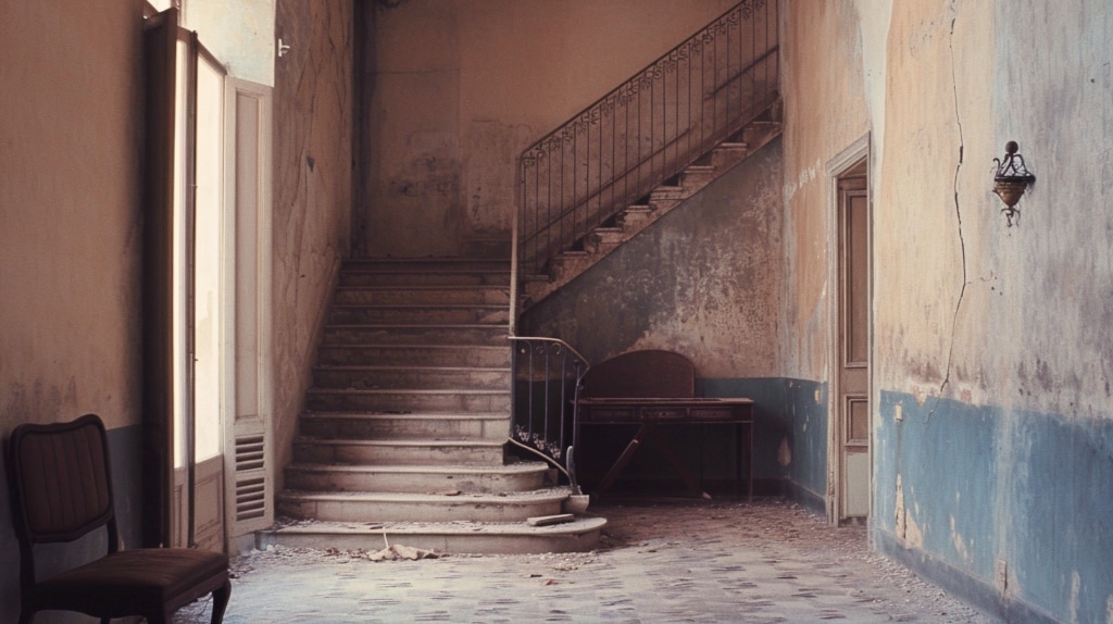 AI artwork: moody hallway with large staircase, litter and cracked plastic all about the floor