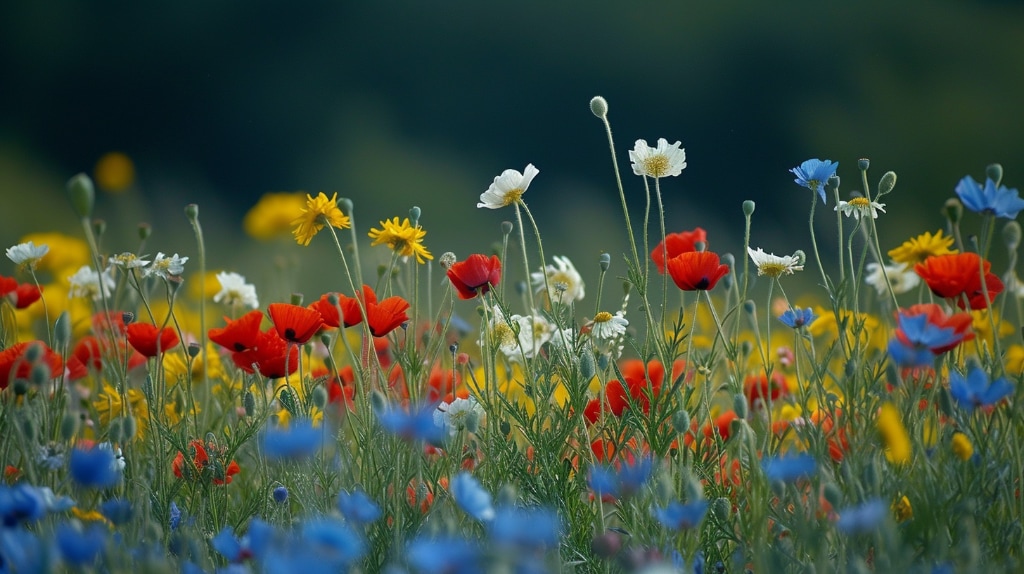a field of wildflowers in various bright colours