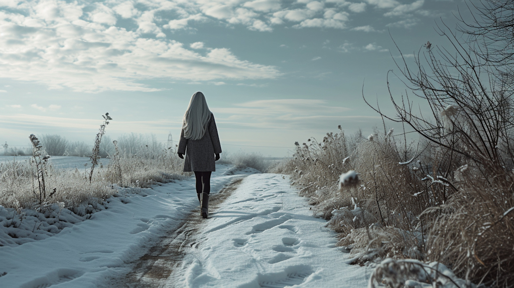 woman walking on a snowy footpath int he countryside. Broken blue sky.