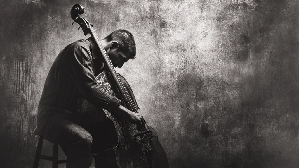 B&W image, man playing cello.