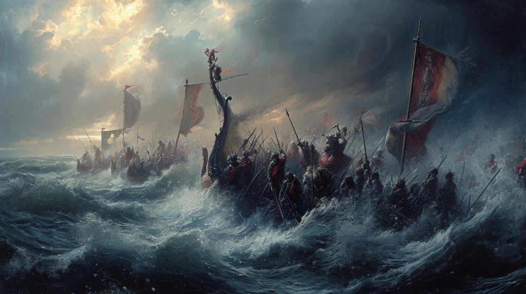 AI artwork: ancient ships at sea in a storm