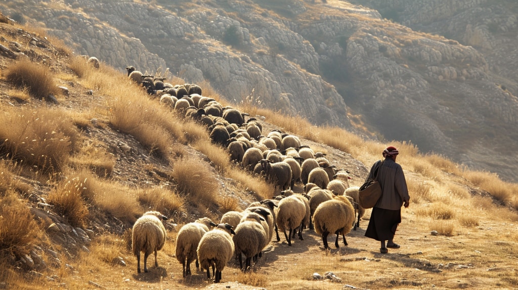 AI art: shepherd and flock of sheep on barren hillside. 