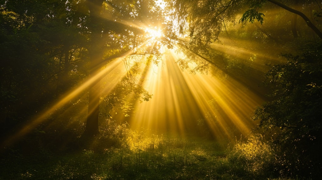 AI Artwork: Sunbeams through tree branches