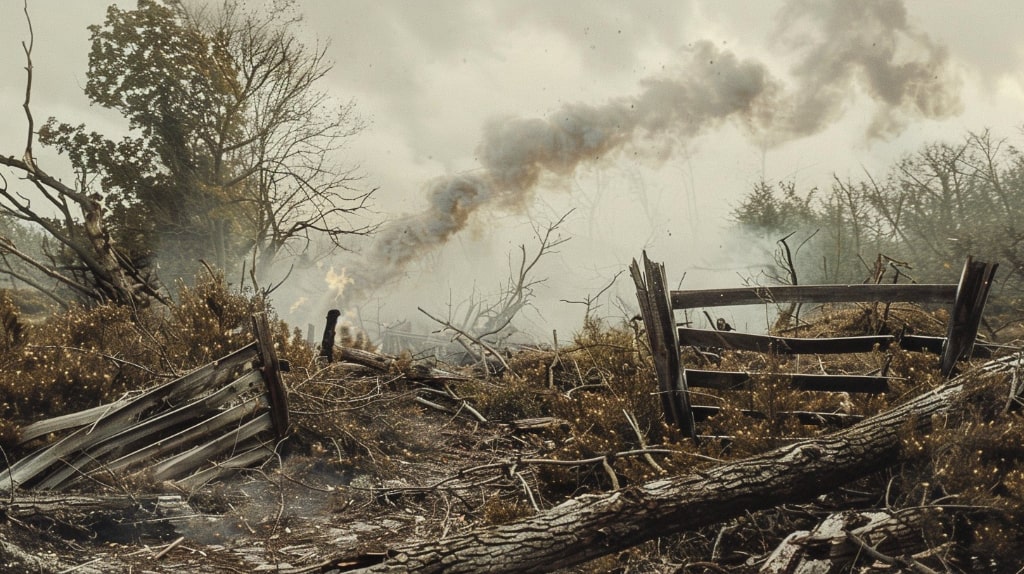 AI Art broken fence, fallen trees, bonfire, pyre and smoky sky