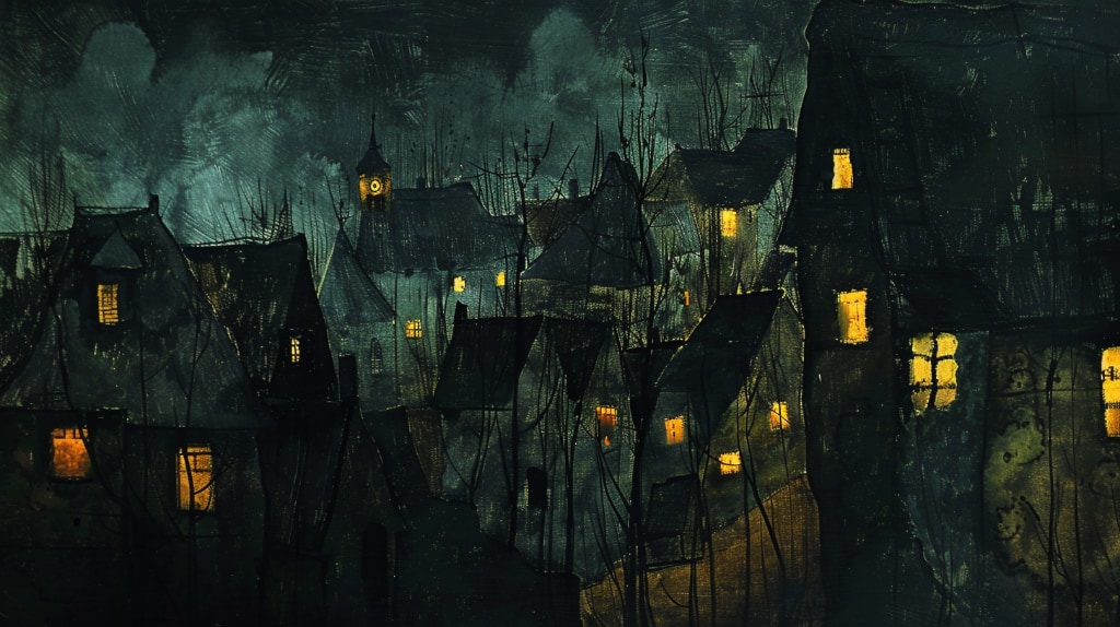 AI Art: nightfall in a village. Winter