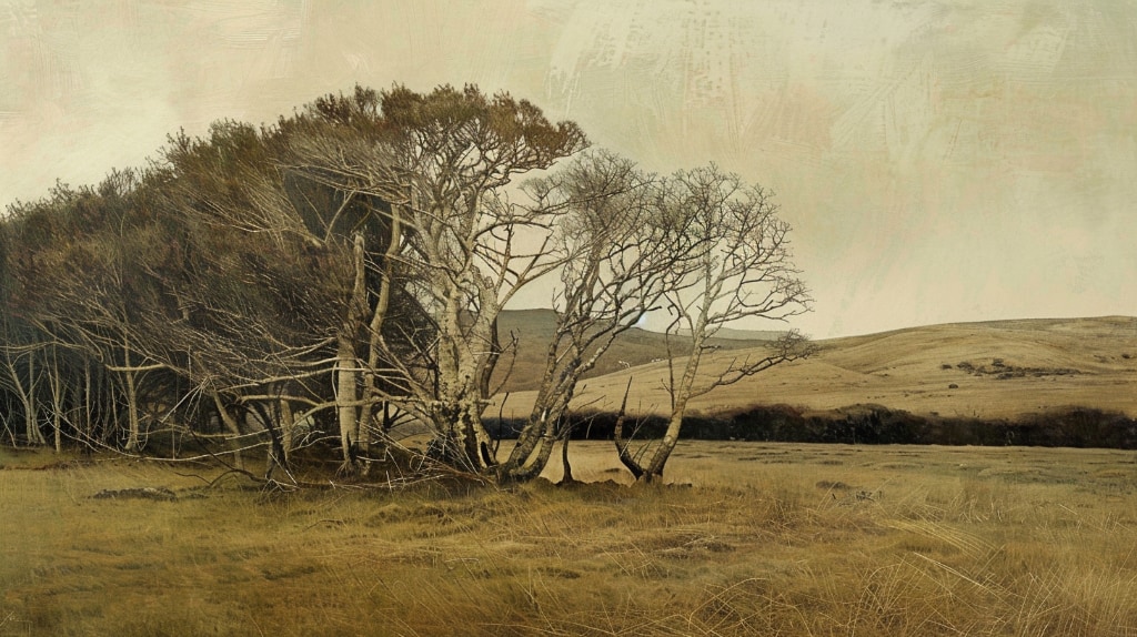 AI Art, a field dry grass with birch trees, Hills in the background. 