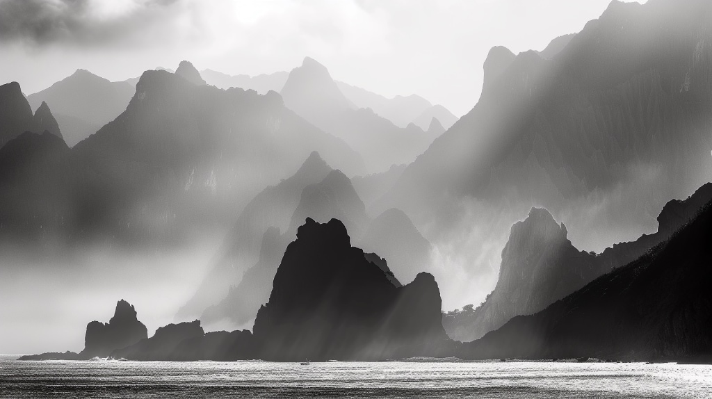 AI B&W rocky shoreline