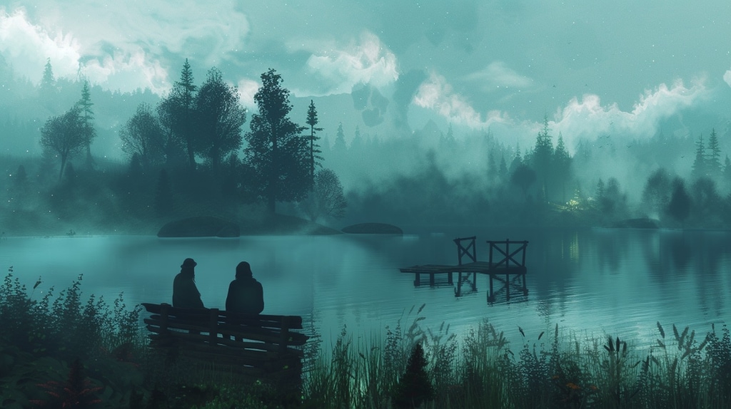 AI pine trees, a lake clouds, two people sitting on a bench