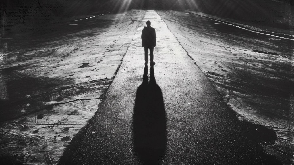 a man casting a long shadow. B&W image