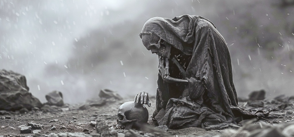 B&W death standing in the rain