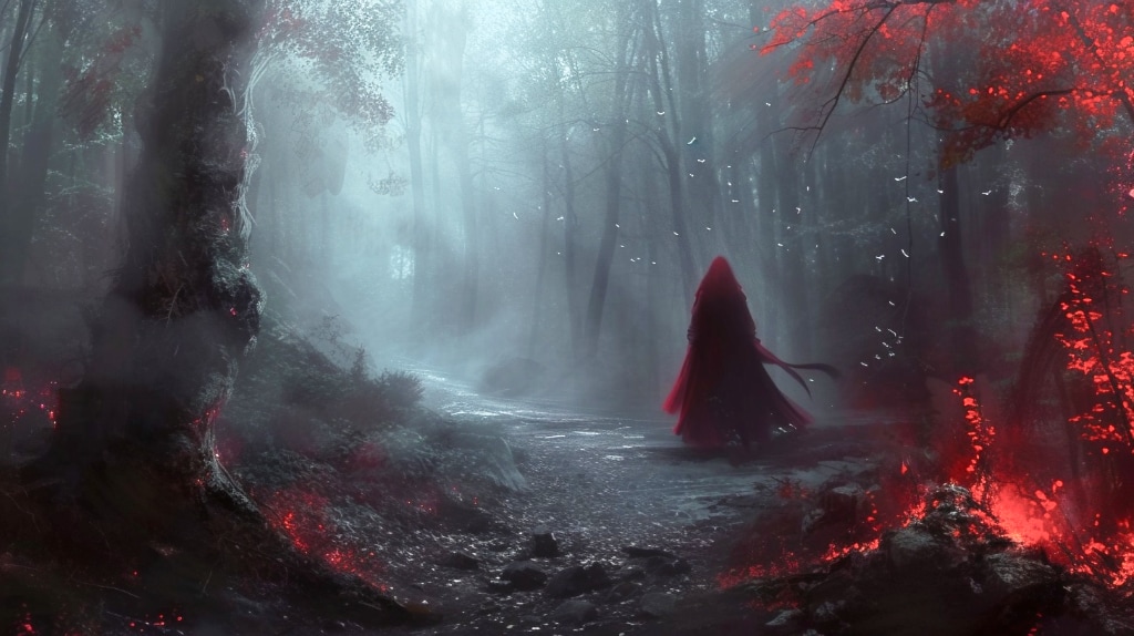 AI art: woman walking on pathway, moody lighting, mysterious. silverback, grey and red tones.