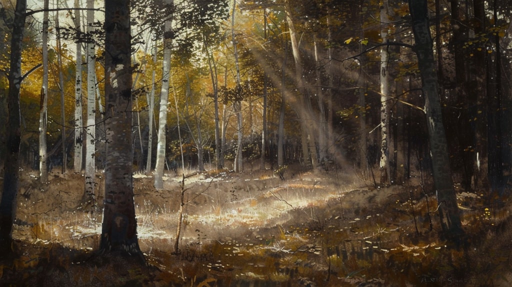 AI Art: birch tree forest with streams of lights striking the ground