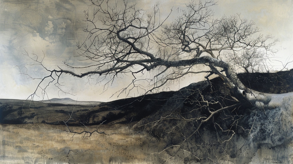 AI art: fallen bare tree, stormy sky, moody colours.