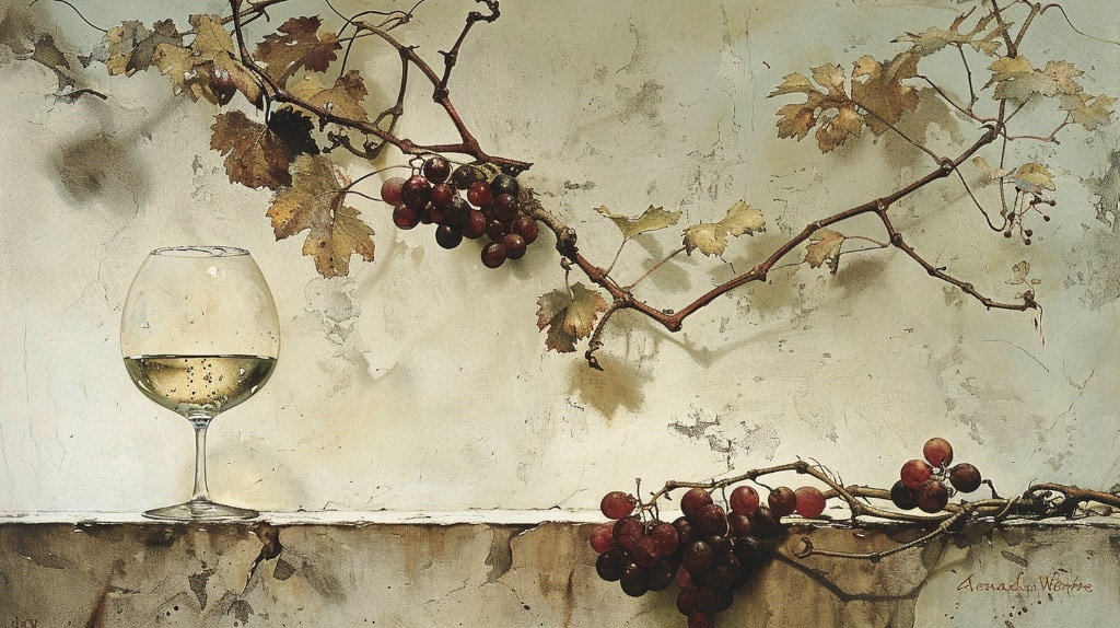 AI art: grapevines, light background, glass of white wine
