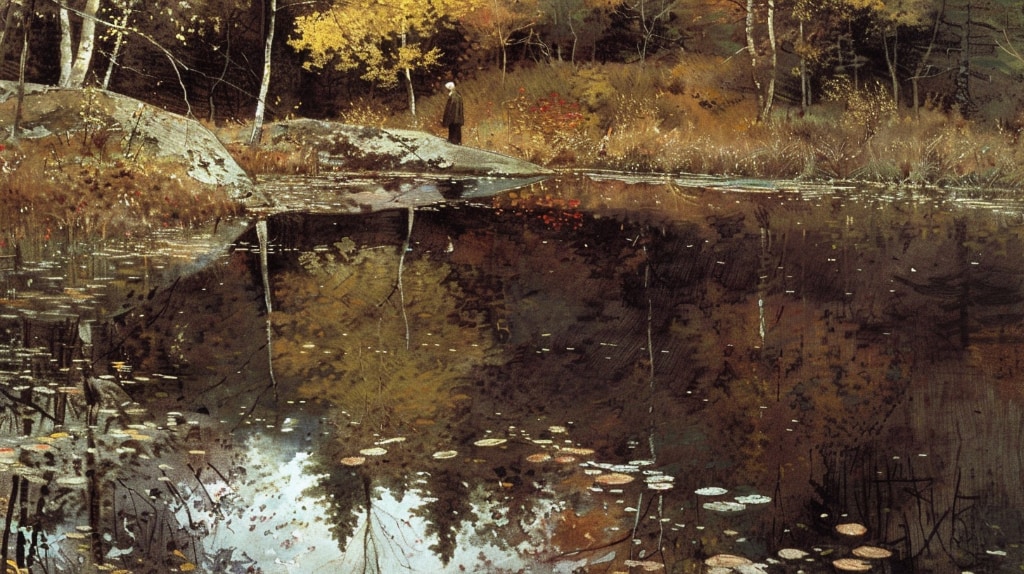Ai art: pond, reflections, autumn colours, man walking along edge fo pond.