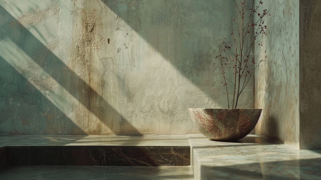 AI marble room with tree in marble planter