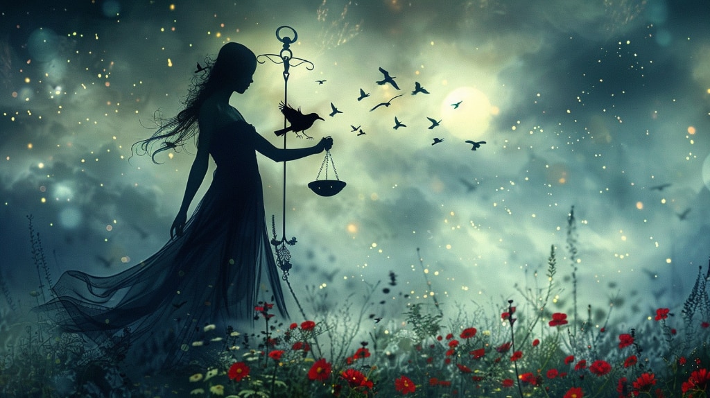 AI art: silhouette of woman holding scales, starry sky with birds.