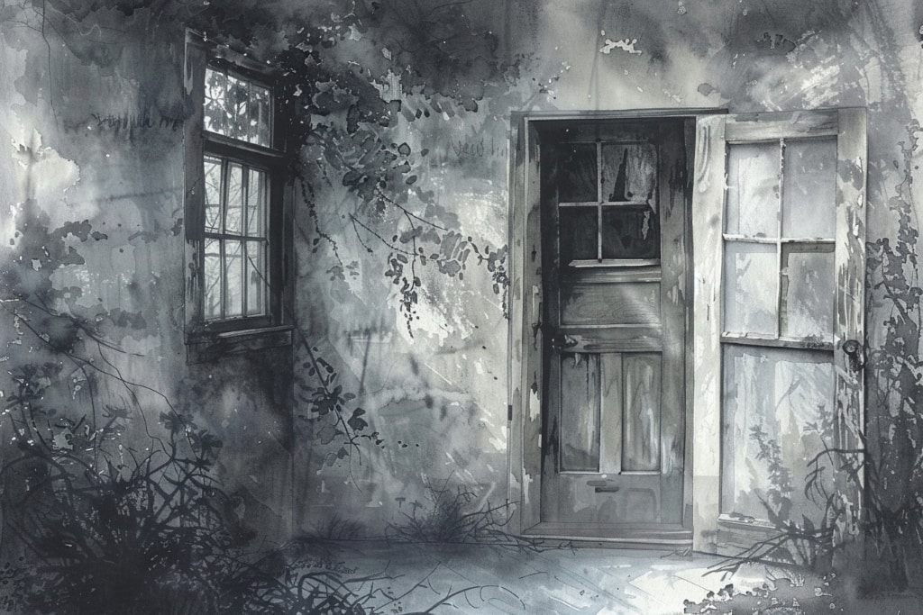 monochrome door and window, watercolour style