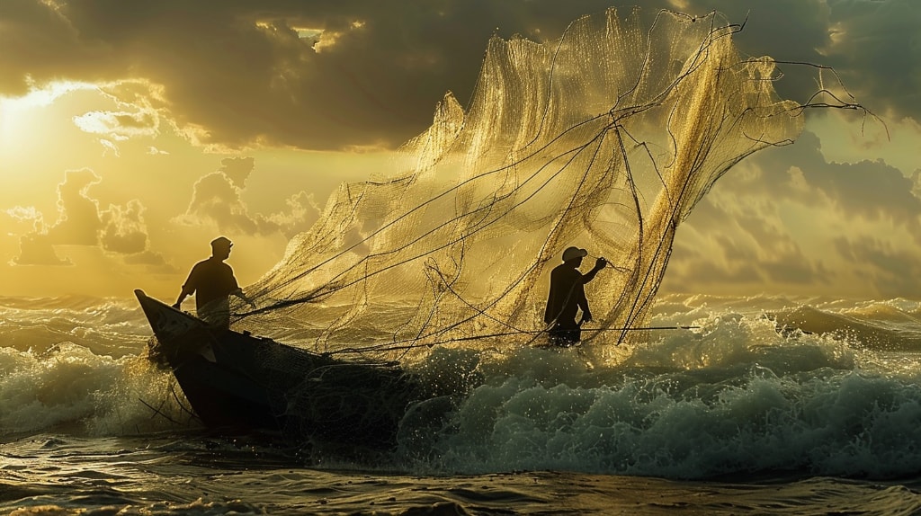 AI art: amber and gold tones, two fishermen in boat casting nets into the sea
