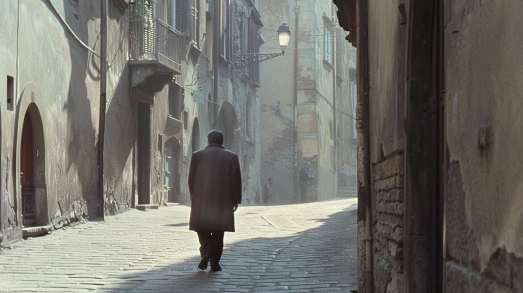 AI art: stone street, European town scene, man walking up the street away from viewer