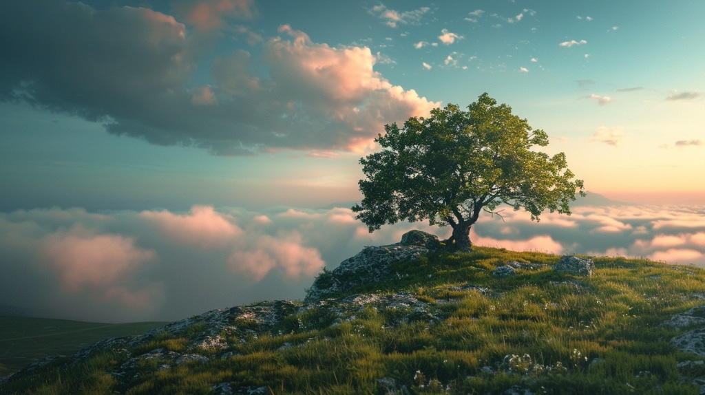 AI art: a tree on a hilltop at twilight