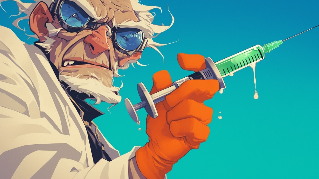 AI art: crazy doctor holding a syringe  with a long needle