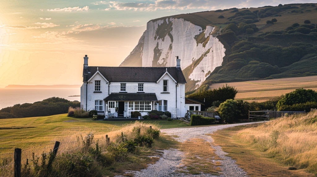 White house with chalk cliffs in the background and sea. Golden fields of dry grasses