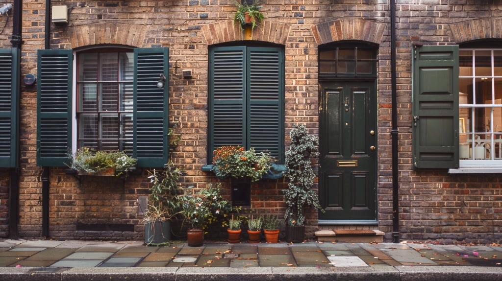 Brick building with dark green shutters and a black door, plants in pots at the front.