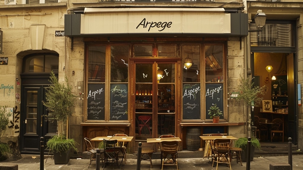 AI Art: the cafe Arpege, Parisian style cafe, tables and chairs outside, awning over wood frame windows, brown tones