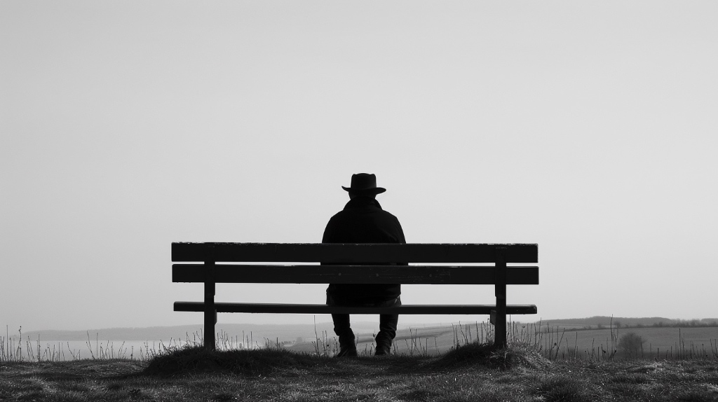 B&W image of man wearing a hat, sitting on a bench looking out to sea.