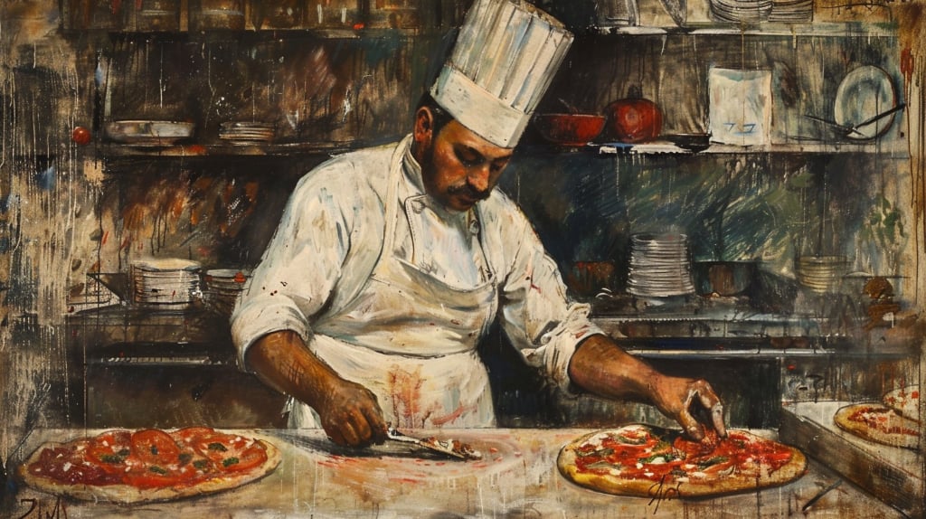 Chef making pizza in a messy stained apron and disorganised kitchen