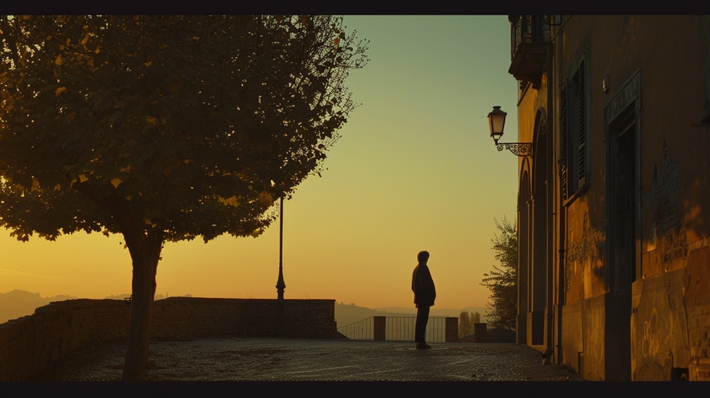 sunset, a person standing on the pavement by a building with a tree to the left edge of the image