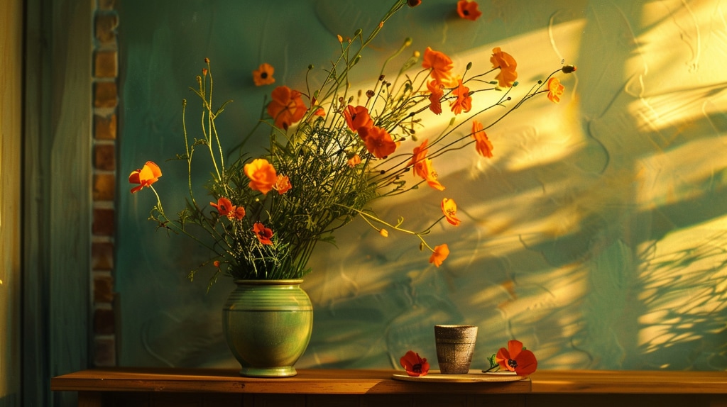 bouquet of orange wild flowers in vase on a table