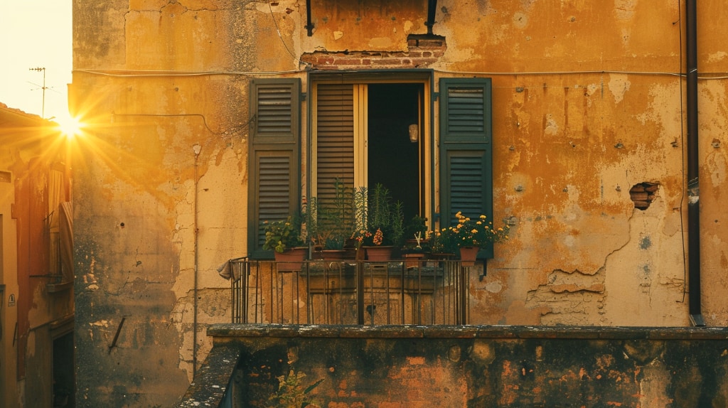 sunrise colours on the side of a building with green wooden shutters