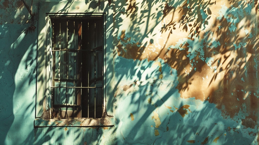 shadows from a tree outside a building, blue and peach tones