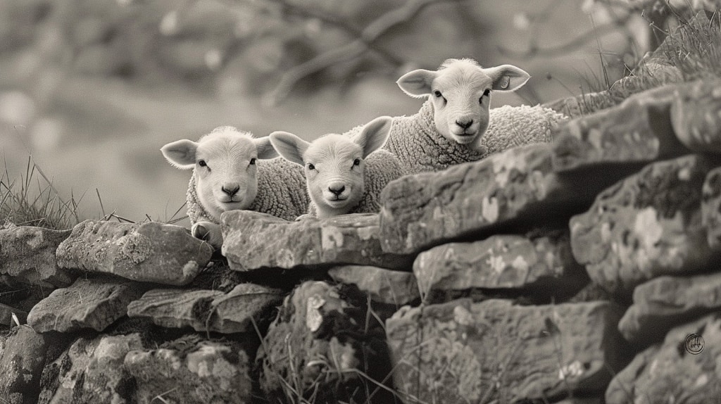 lambs sheltering behind a dry-stone wall. B&W
