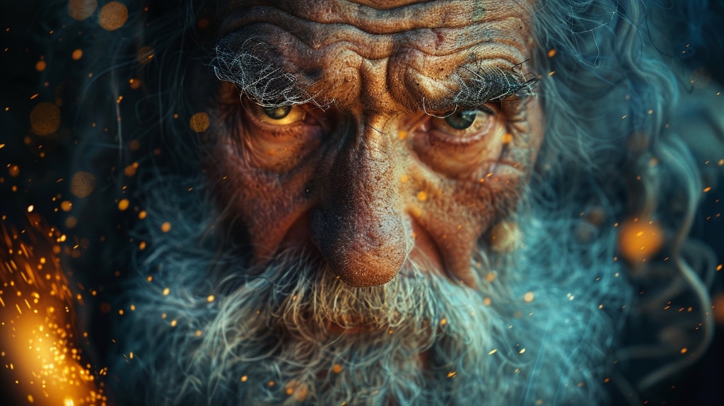 AI art: man, weathered skin, beard, intense eyes