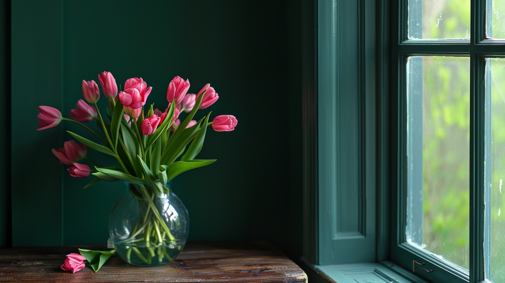 AI art: pink tulips in a clear glass vase on a table. walls painted dark green