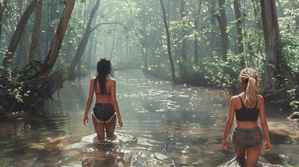 AI two girls wading in a forest creek