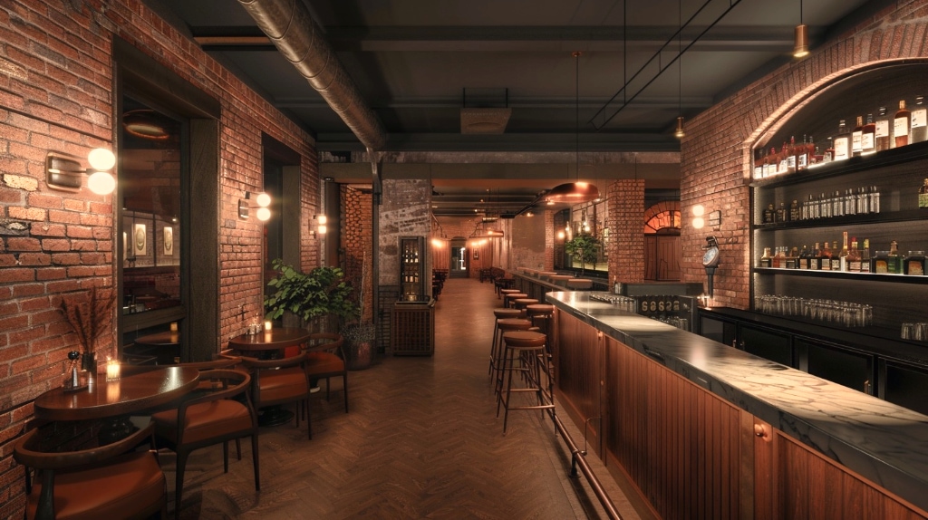 AI Midjourney interior of bistro, bar on the right, public seating to left and beyond, door at the far end of the room, brick walls, low lights