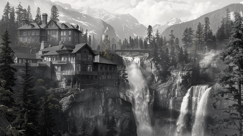 B&W AI artwork: mountains with snow, waterfalls, wooden buildings. This is a representation of of the lodge at Snoqualmie Falls near Seattle WA