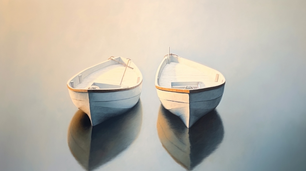 AI art: two white row boats floating on a calm water