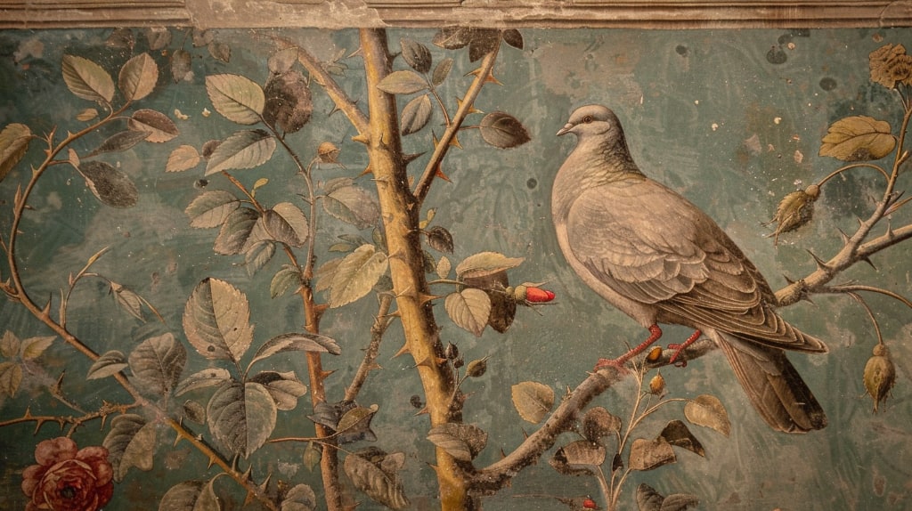 AI art: dove sitting in a rose bush, fresco style, muted colours