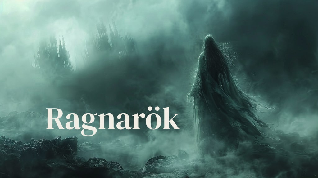 AI cold scenery in blue-green tint, woman in long gowns walking through fog and ruined buildings.